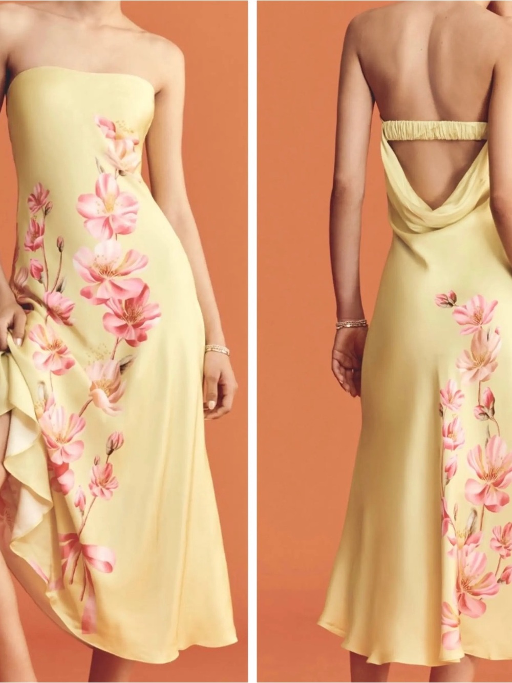 FARM Rio Yellow Strapless Maxi Dress with Pink Floral Print